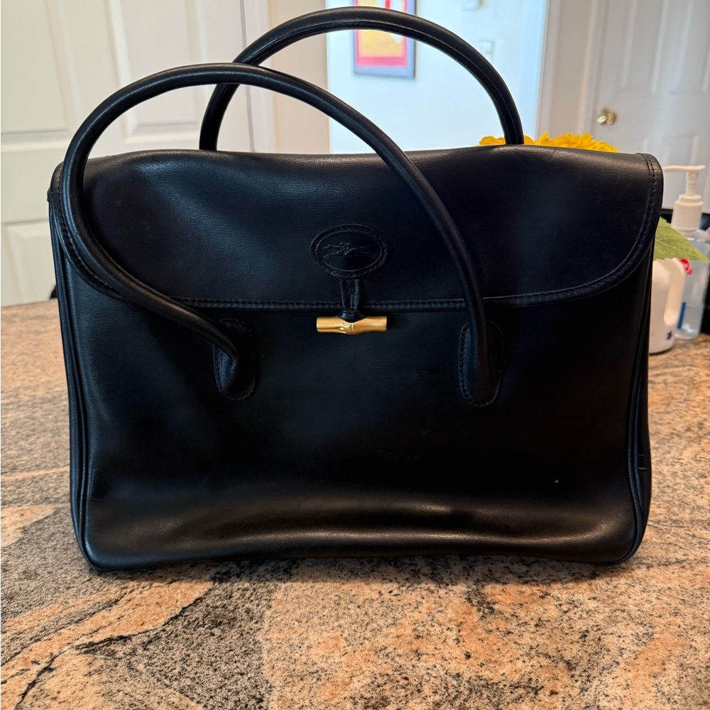 Elegant Black Leather Handbag, Vintage Longchamp